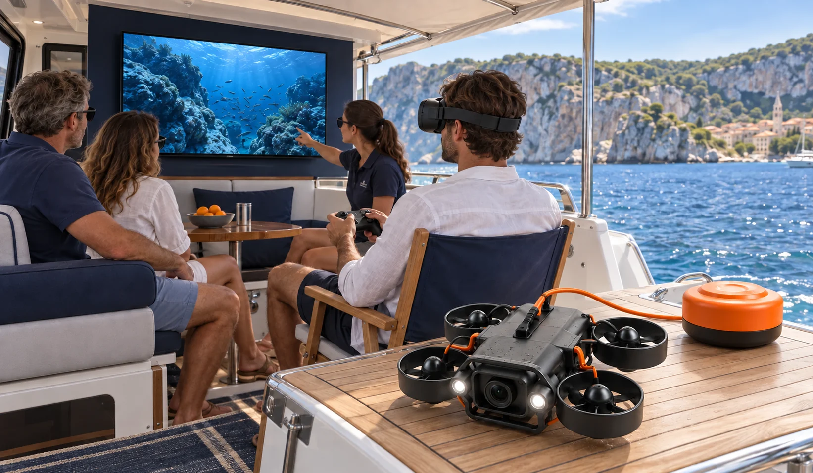 Boat-tour concept with a seated guest wearing a VR headset and holding a controller, other passengers watching an onboard TV, and the drone displayed on deck
