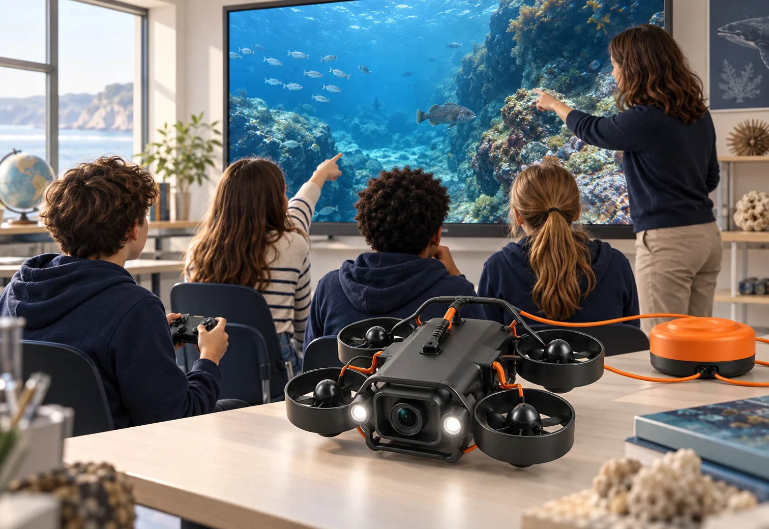 Educational concept showing a teacher and students sharing an underwater view, one student with a game controller, and demonstration hardware in the classroom