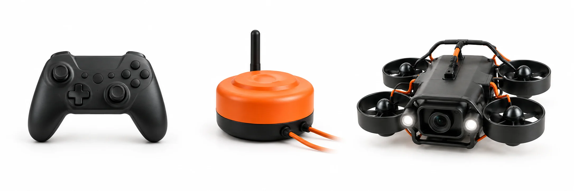 Concept rendering of a game controller, the orange surface buoy and the underwater drone