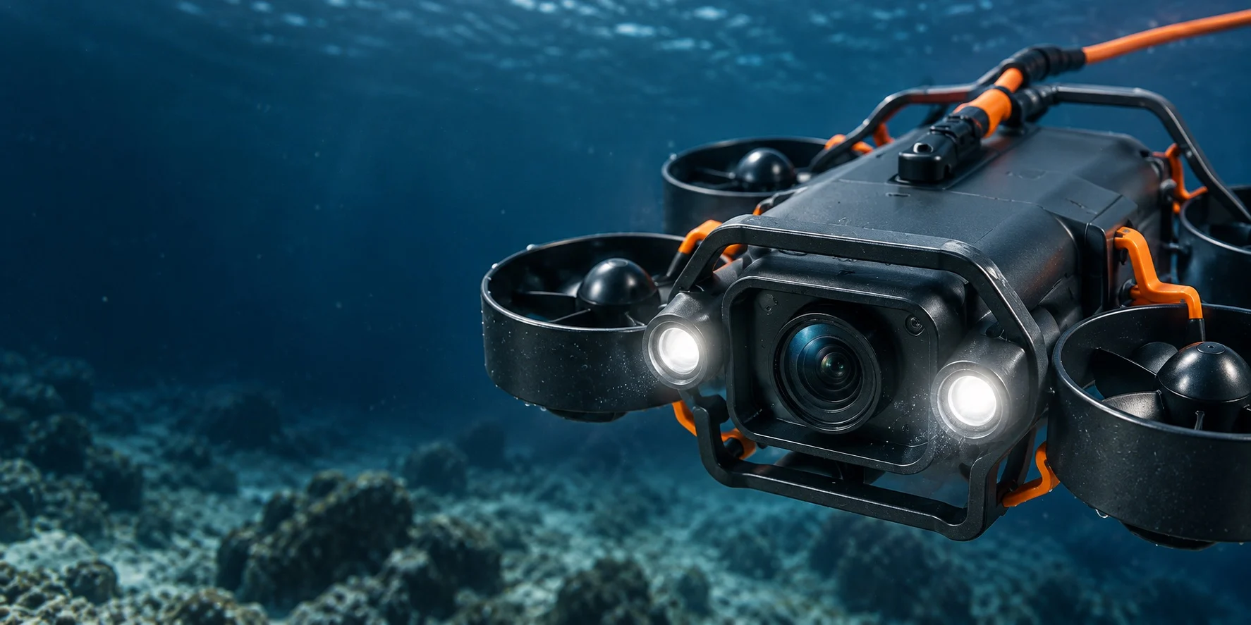 Detailed concept view of the drone camera, lights and graphite frame underwater