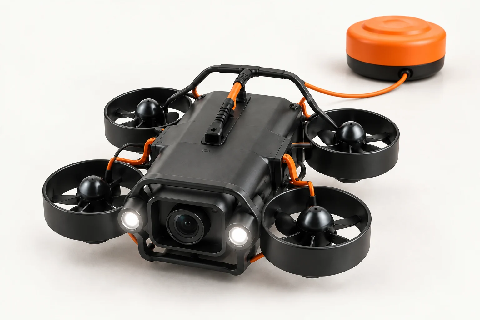 Large studio concept rendering of the complete four-thruster drone, camera, lights and orange surface buoy