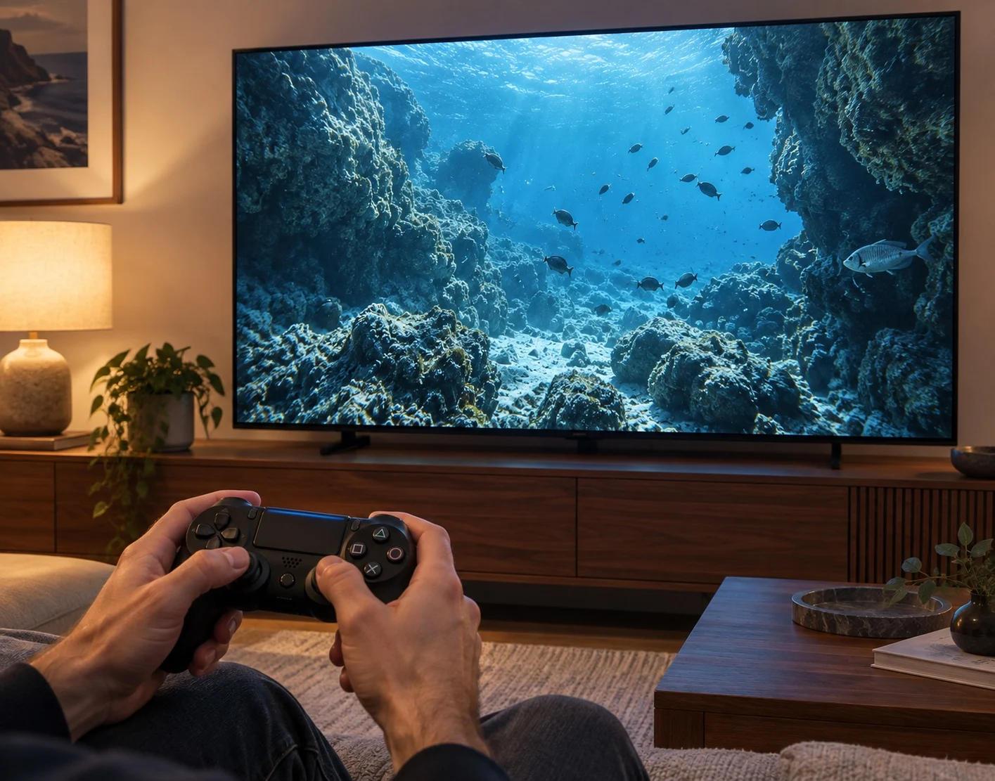 Concept of a participant using a game controller to explore an underwater scene on a living-room television