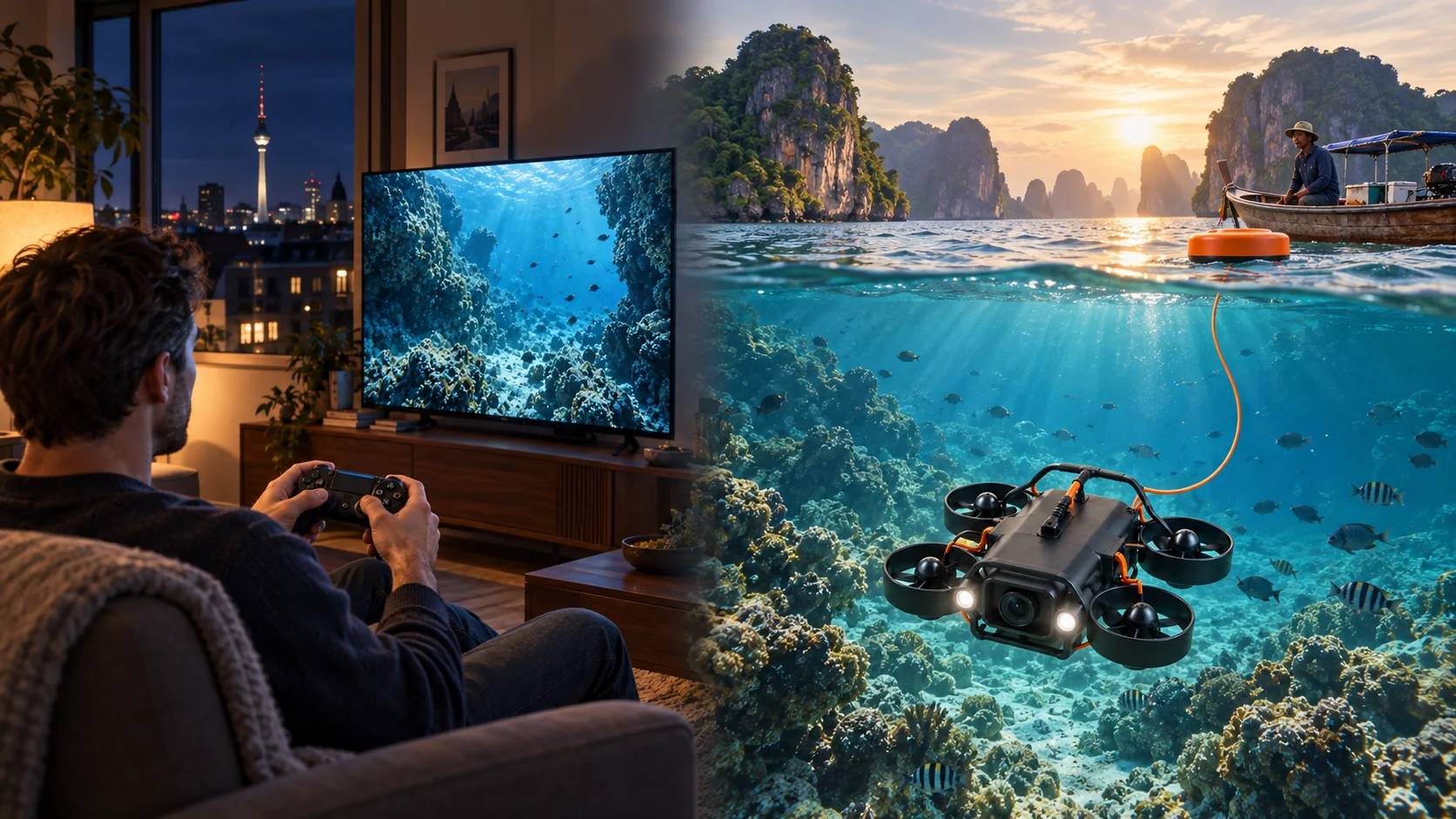 Concept composite: a person with a controller in a Berlin apartment at night watches a reef on a TV, while a matching drone explores a Thai reef at sunrise under the supervision of a local boat operator, connected to one orange buoy by one tether.