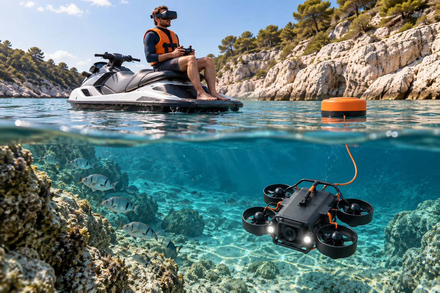 Concept split view: a person sits facing the stern of a stationary jet ski with a VR headset and controller while the matching drone explores below the orange surface buoy.