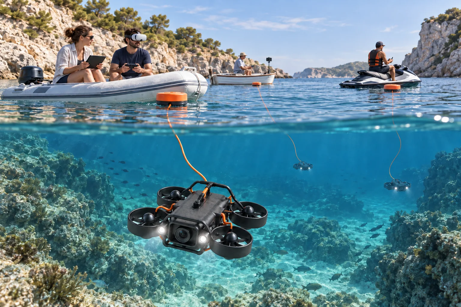 Concept split view of independent operators on a small inflatable boat, a fishing skiff and a jet ski, each with a separate buoy and underwater drone.