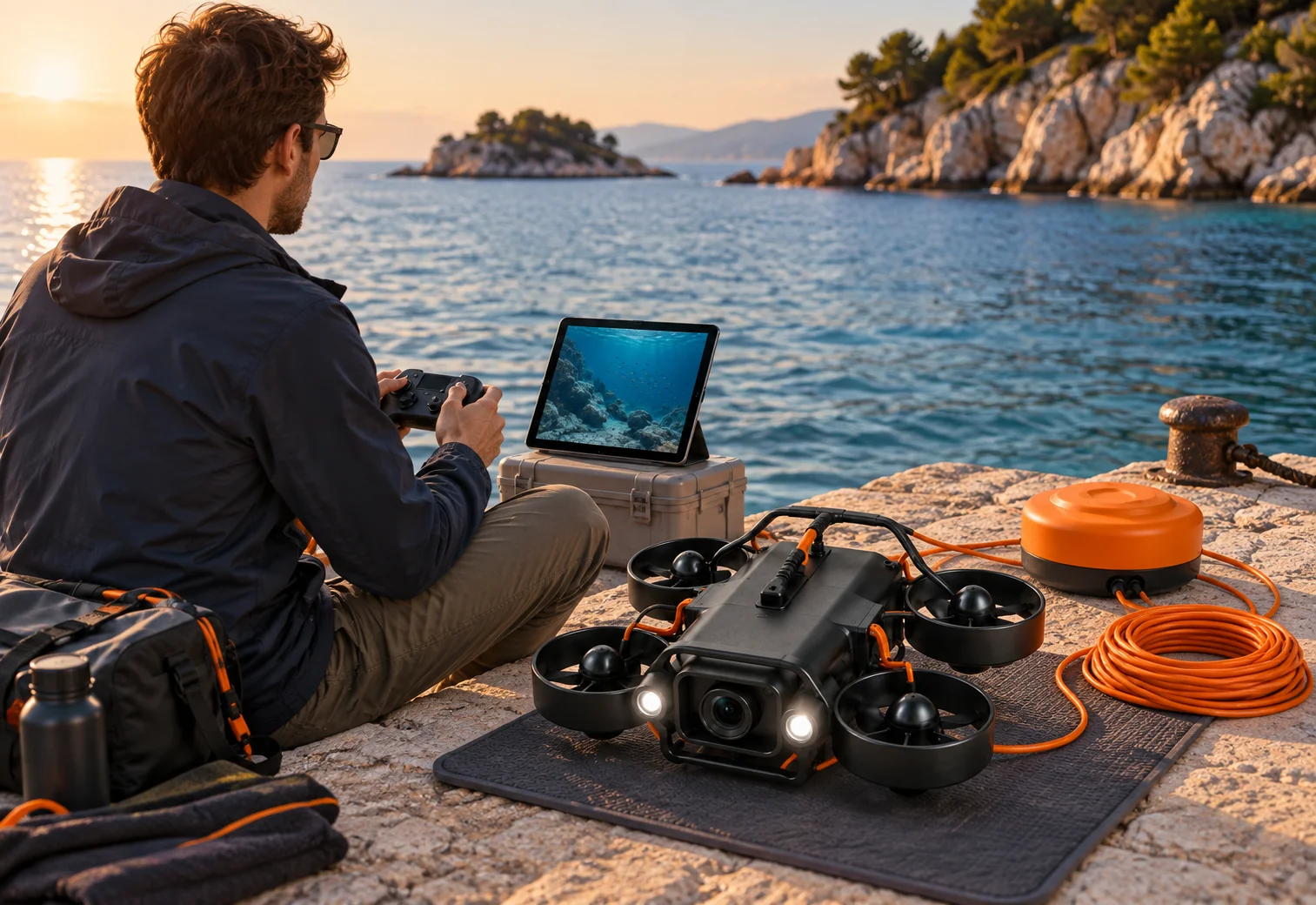 Shore-launch concept showing a person with a controller and tablet beside the matching drone and orange buoy on a limestone pier