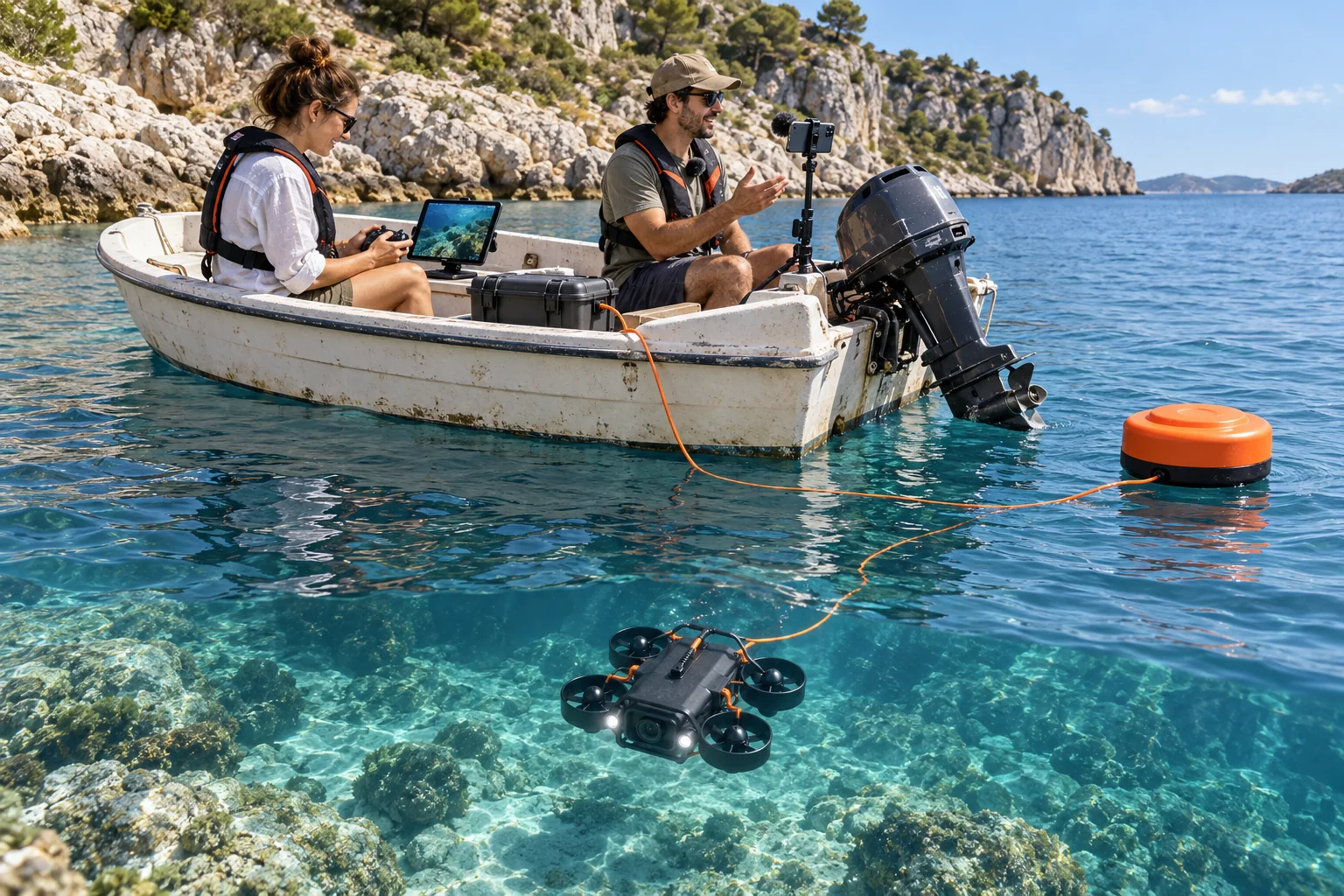Concept of two people in a modest motorboat: one pilots an underwater drone using a controller and tablet, while the other narrates to a mounted phone with a microphone.