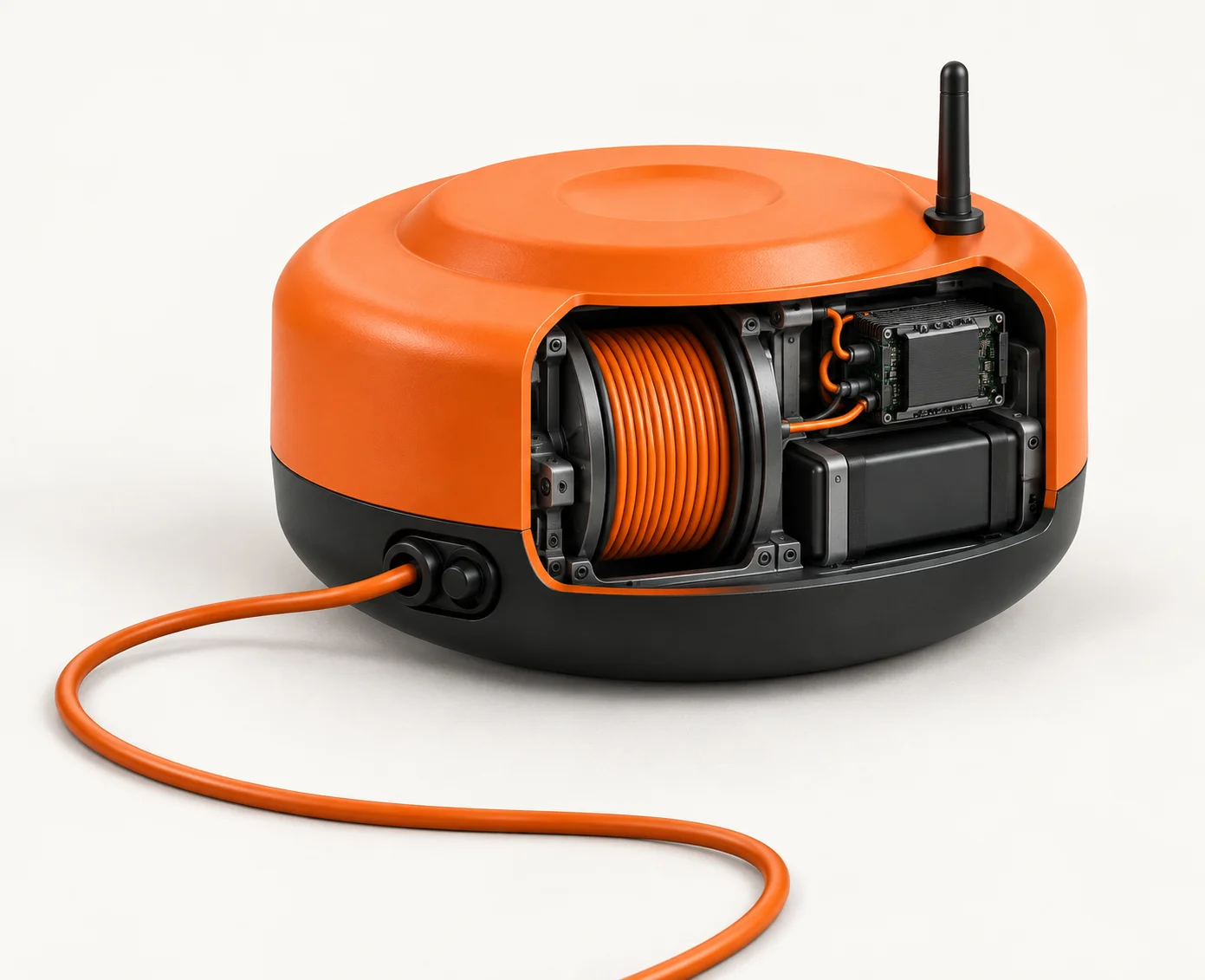 Exploratory cutaway concept of an orange surface hub with coiled data tether, antenna and electronics