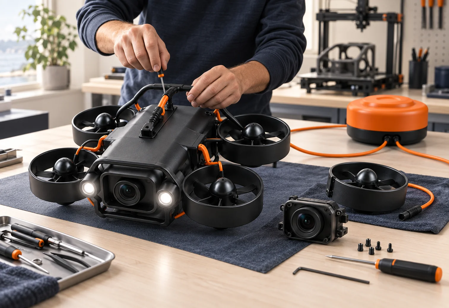 Concept of an engineer working on modular underwater hardware beside replaceable parts and a desktop 3D printer